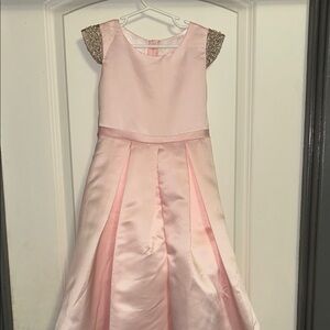 Girls' Blush Pink Satin Formal Dress with Glitter Cap Sleeves